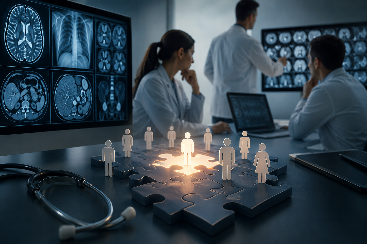 Radiology team collaboration scene with medical imaging monitors, healthcare professionals, and interconnected puzzle pieces symbolizing strategic healthcare talent recruitment and team building.