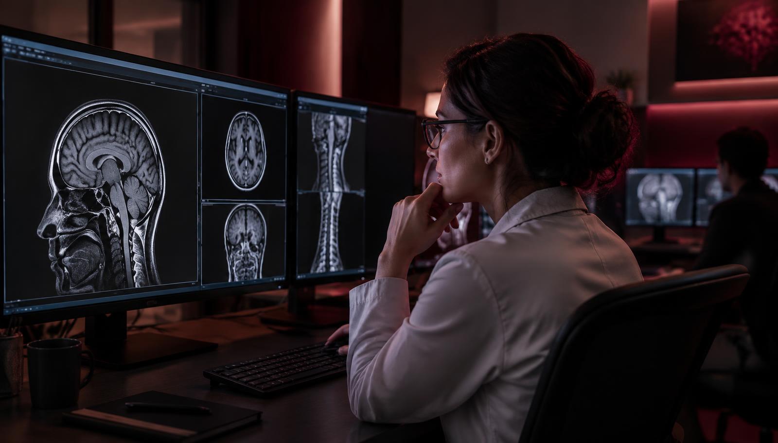 Radiologist reviewing MRI studies on diagnostic monitors in a reading room