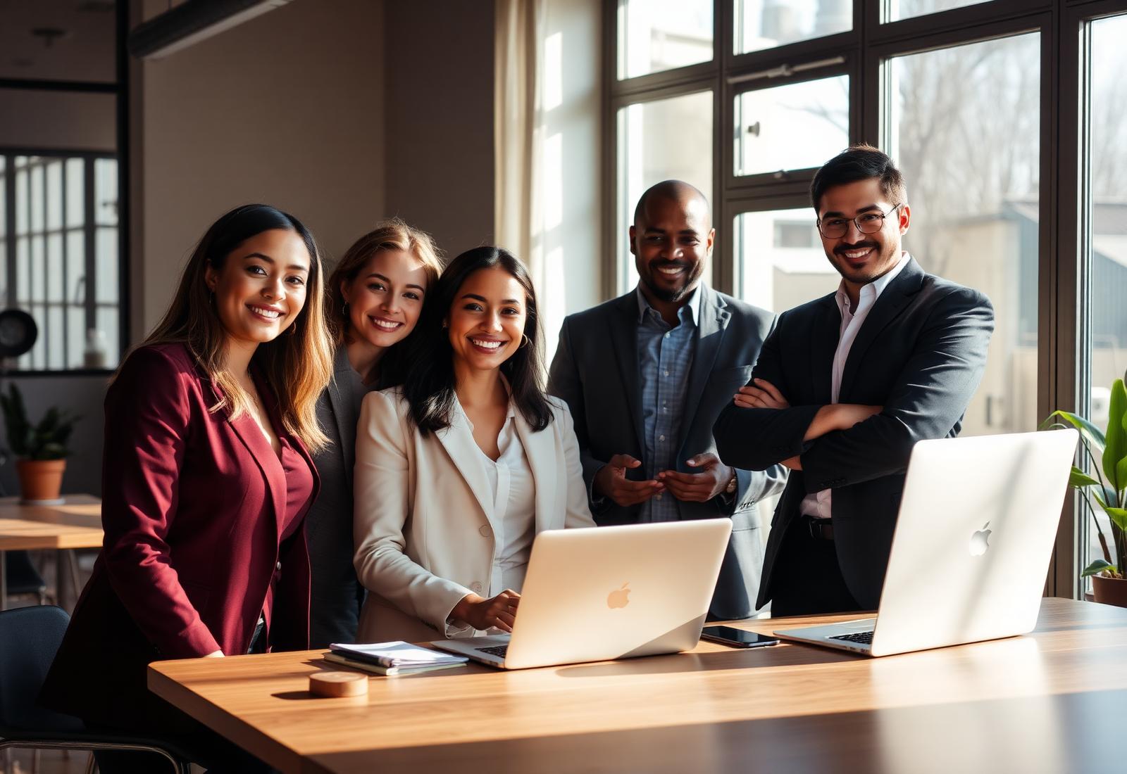 Diverse professionals collaborating in a modern workspace